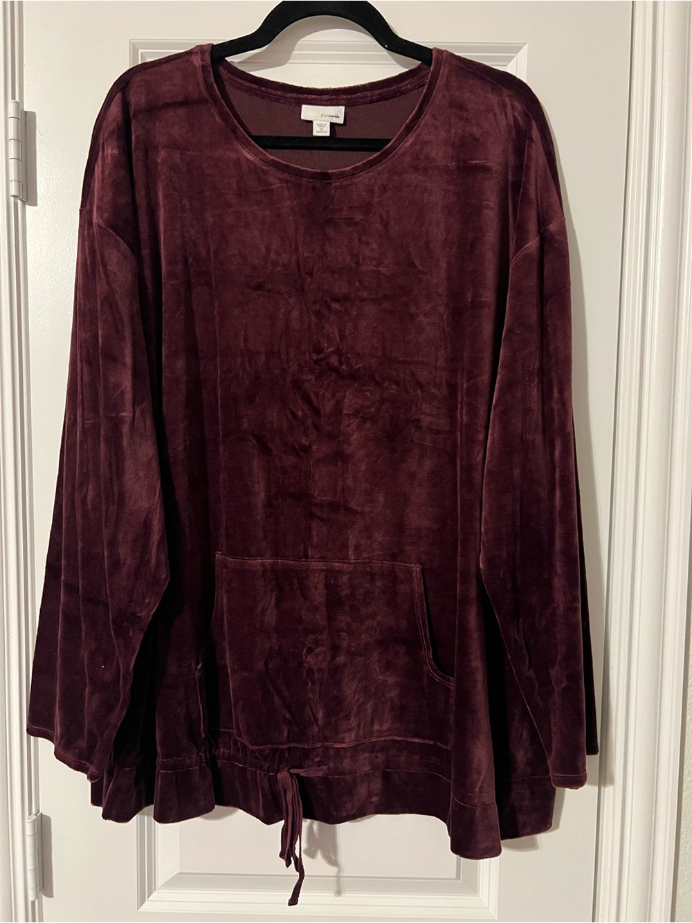 Deep Burgundy Velour Pullover with Front Pocket and Waist Cinch